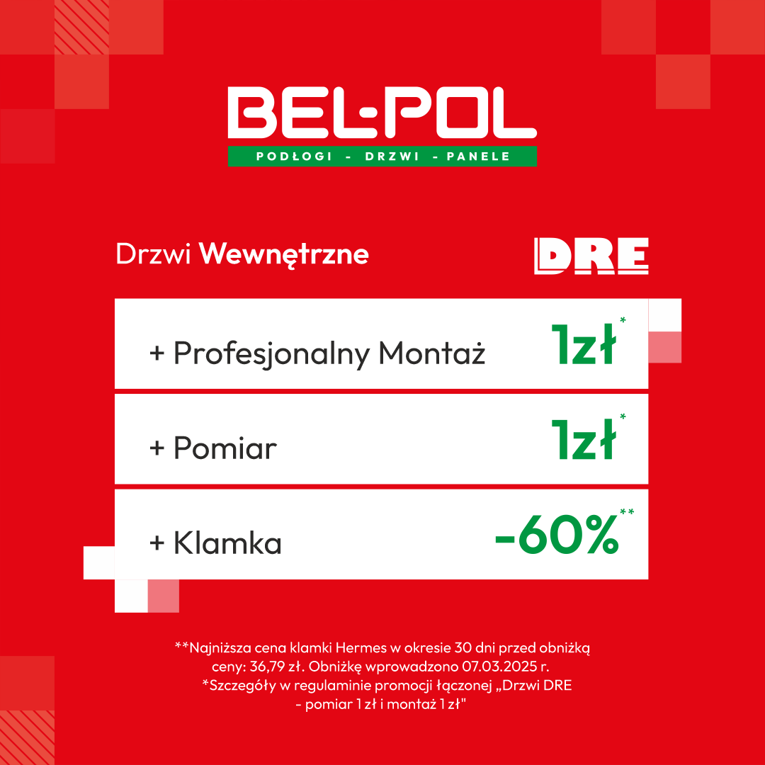 Bel-Pol: Super oferta drzwi DRE, PORTA, POL-SKONE + pomiar 1zł + montaż 1zł + klamka -60%.