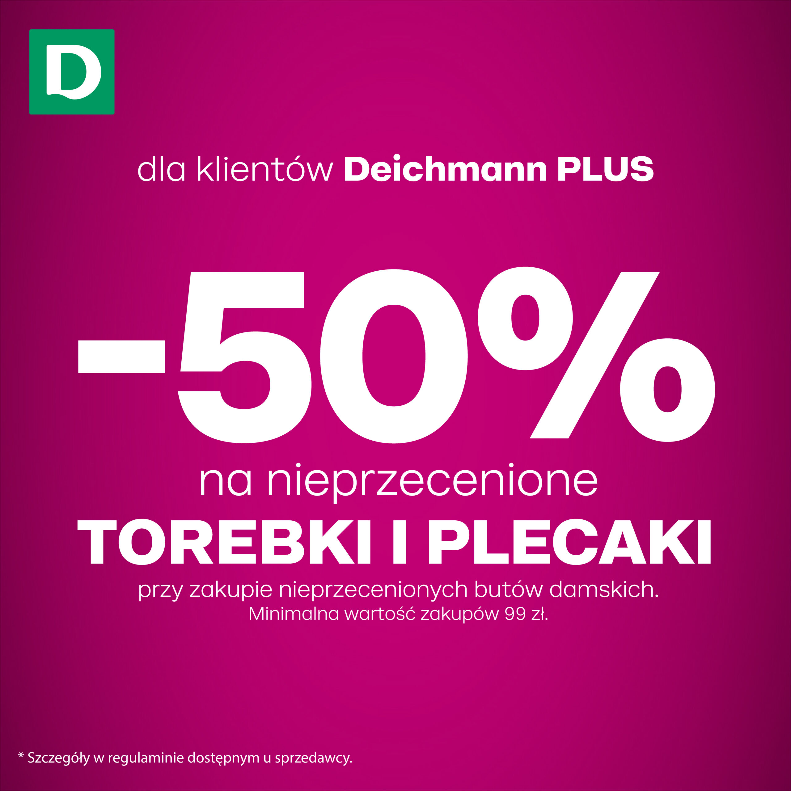 Deichmann: 50% na nieprzecenione torebki i plecaki przy zakupach nieprzecenionych butów damskich dla klientów Deichmann PLUS